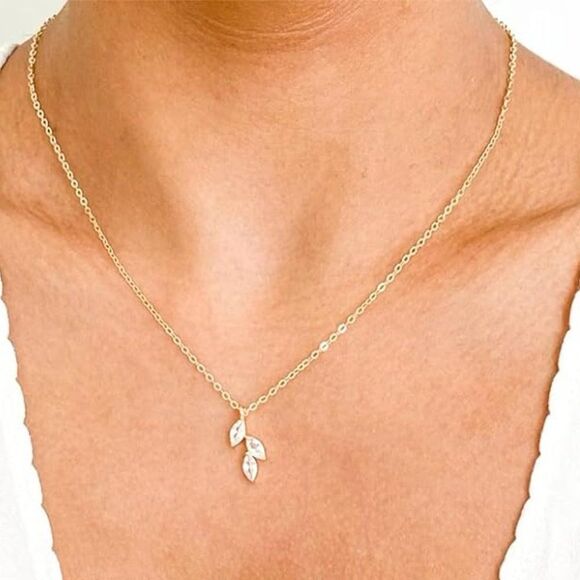 Leaf Pendant Charm Stackable Layering Necklace Cubic Zirconia CZ - Picture 2 of 6